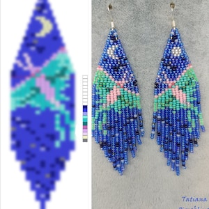 May include: A pair of long, beaded earrings with a blue, green, and pink design. The earrings feature a crescent moon and stars. The earrings are handmade and have a fringe.