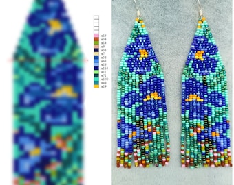 May include: A pair of beaded earrings with a floral design. The earrings are made with blue, green, yellow, orange, and pink beads. The earrings are approximately 2 inches long.