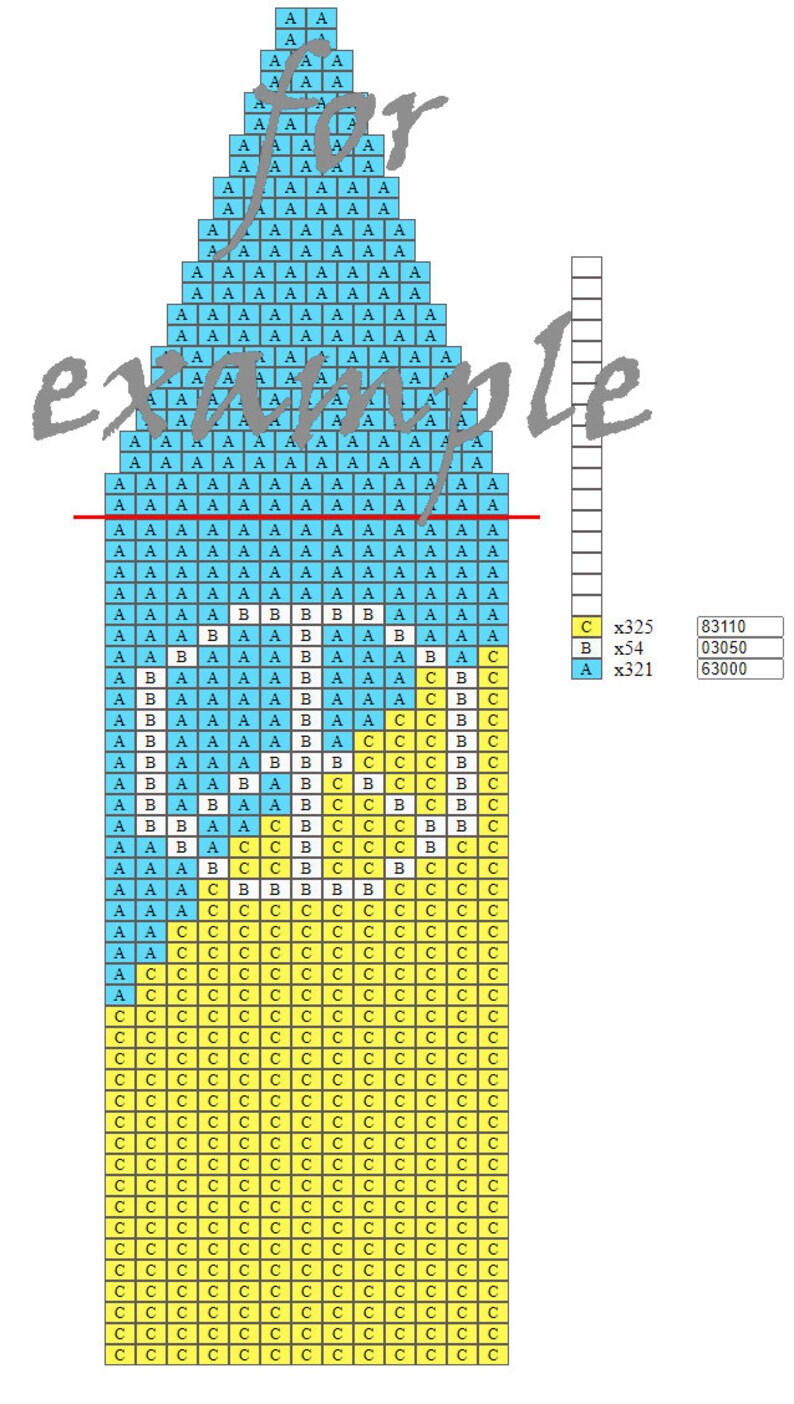 May include: A colour-coded chart with a grid pattern, featuring blue, yellow, and white squares. The word "example" is written in cursive. There are also numerical data and letter keys in the image.
