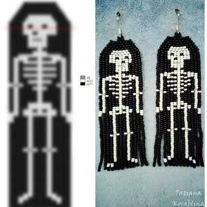 May include: A pair of black and white beaded skeleton earrings. The earrings are long and dangle, with a fringe of beads at the bottom. The skeletons are made of white beads on a black background.