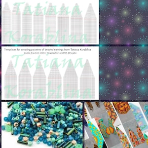 Op de afbeelding: De afbeelding toont sjablonen voor kralen oorbellen patronen van Tatiana Korablina. Het bovenste gedeelte toont patronen voor twee-druppel baksteensteek met franje, en het onderste gedeelte toont patronen voor dubbele druppel baksteensteek met franje. Er is ook een close-up van blauwe en groene kralen te zien.