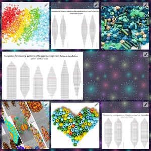 Peut inclure: Modèles pour créer des motifs de boucles d'oreilles en perles de Tatiana Korablina. Les modèles montrent différents motifs avec 11, 13 et 15 perles. L'image montre également un arrangement de perles colorées en forme de cœur et un gros plan de boucles d'oreilles en perles.