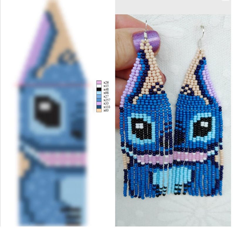 May include: Handmade beaded earrings in a cartoon character design. The earrings are primarily blue, with black, pink, and beige accents. They have a fringed bottom and are suspended from silver hooks. The design is symmetrical.