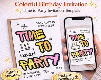 Colorful Birthday Invitation Template, Hand Drawn Kids Party Invite (Digital Download)