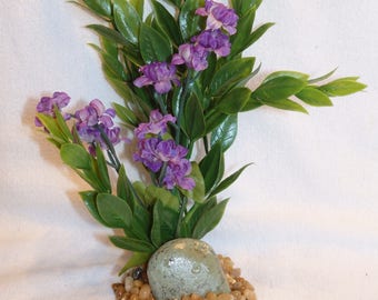 9" Purple Artificial Aquarium 3-Piece Arrangement  #802:  SEA SPRAY plant & Purple FLOWER, with Large Green Pebble in stone base, natural