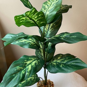18&quot; XL 14-LEAF Silk Spotted DIEFFENBACHIA Plant, Stone Base