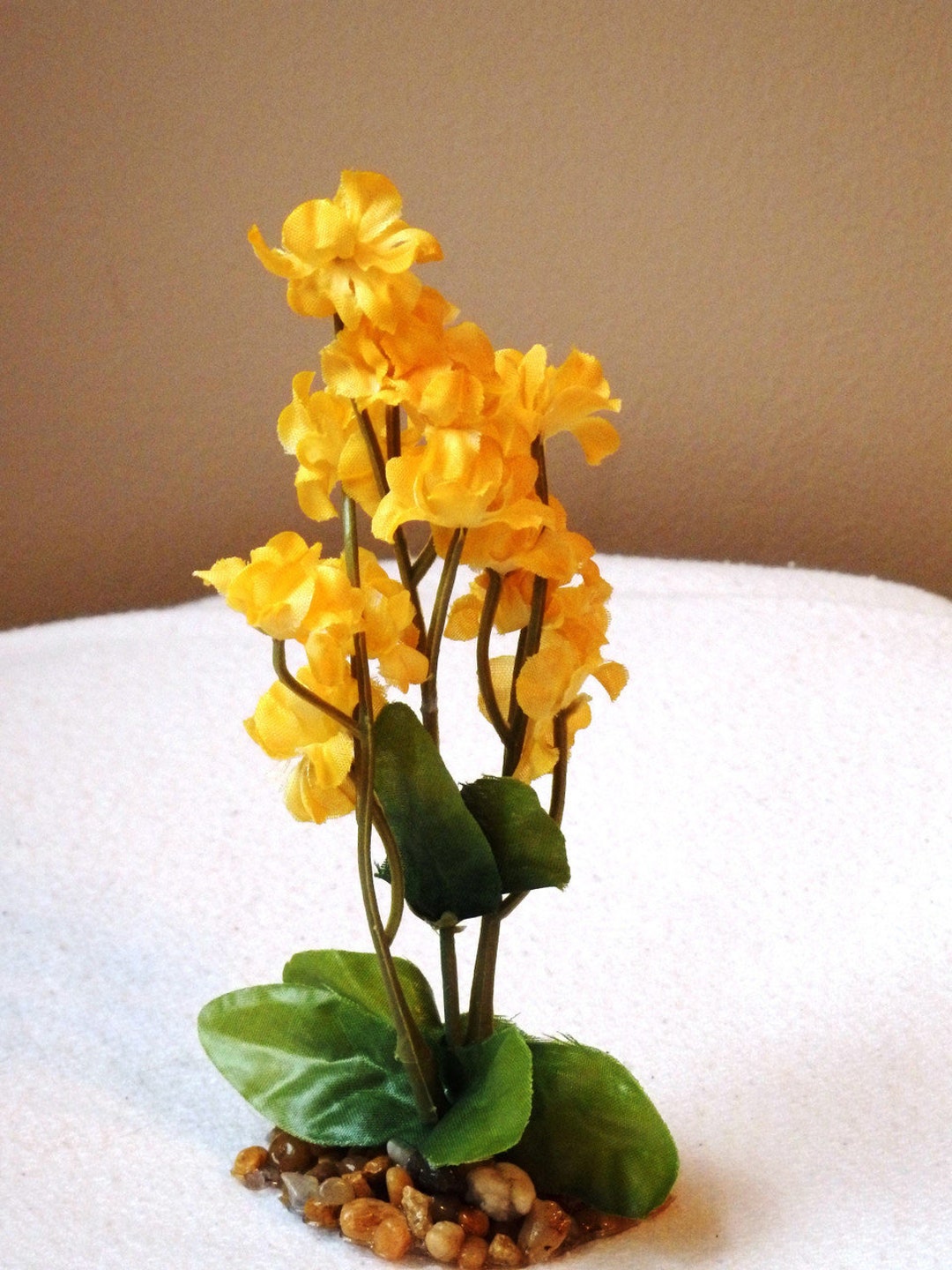 5.5 In. Gold YELLOW Soft Silk Baby's Breath Small FLOWER Artificial Aquarium Plant W Stone Base
