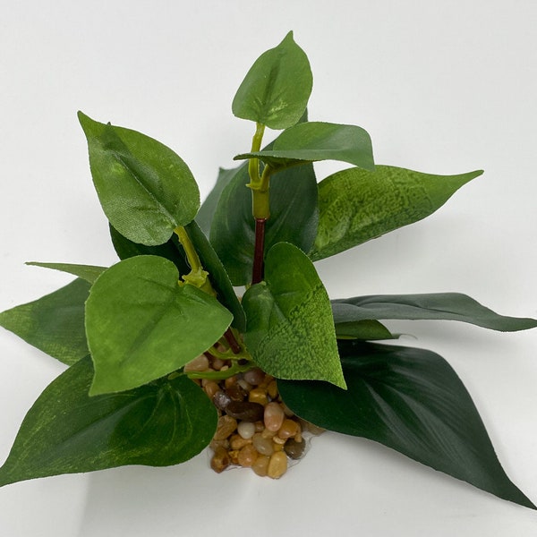 3" XS All Green POTHOS Bush, soft silk Pothos Artificial Aquarium plant w- stone base, natural, Betta safe, Extra Small (2-stem)