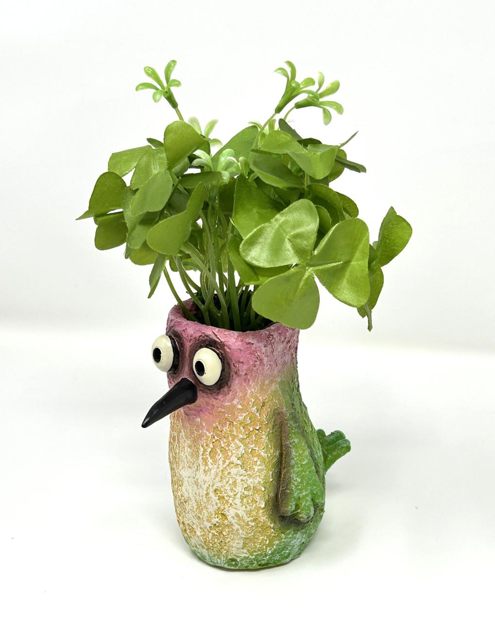 Hummingbird Blob House Planter with Faux Silk Clover, 7.5" Mini Pot