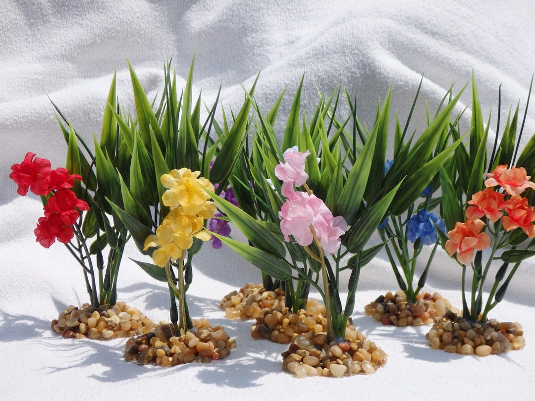 6 XS Soft BAMBOO Plant and FLOWER W Base Artificial Aquarium