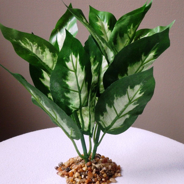 10" Medium Silk GOLDEN Camille DIEFFENBACHIA Artificial Fish Aquarium Plant w- Stone Base, Splash Variegated, Natural, Realistic, Life-like