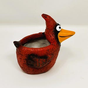 Peut inclure: Un pot de fleurs en céramique rouge en forme d'oiseau, avec un œil noir et blanc et un bec orange. Le pot est conçu pour ressembler à un cardinal, avec une surface texturée et un intérieur creux pour planter de petites plantes ou des fleurs.