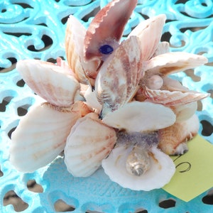 Sea SHELL ART 5 cluster sculpture with 1 hidden Pearl, 1 Blue Gem & snail shell, treasure, aquarium safe, natural seashell, beach theme image 2
