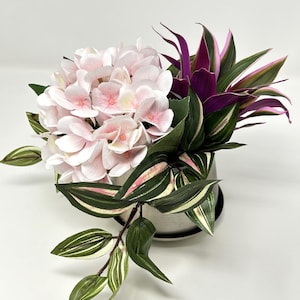 7" Artificial Purple TRADESCANTIA & Pink HYDRANGEA Silk flower potted plants in Silver Metal Pot