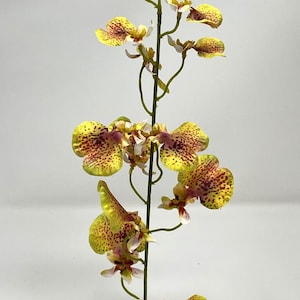 14&quot; 1-stem GOLD Oncidium ORCHID Soft Silk flower aquarium plant, Stone base