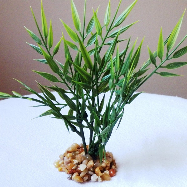 6" MINI Little-Leaves BAMBOO Artificial Aquarium soft plastic Plant w- stone base, natural, realistic, life-like