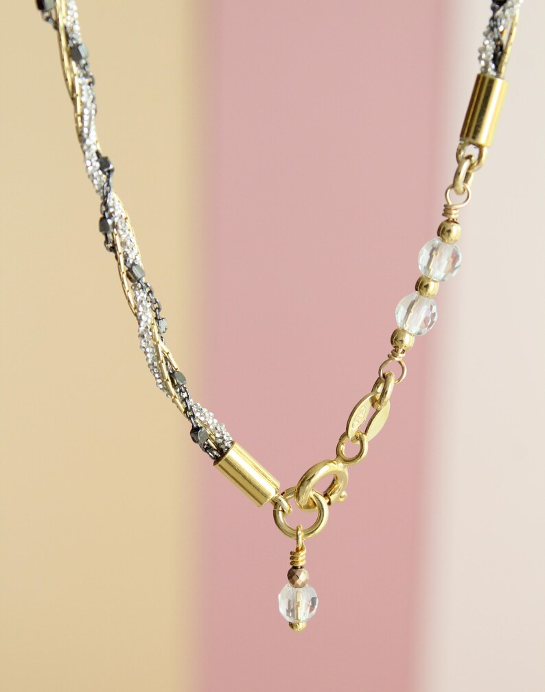 Daisy Petals /& Tiny Cubes beads Ruthenium Plated and fine Gold Plated chains. Boho Chic Sterling Silver Necklace
