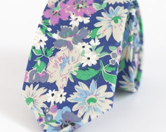 Steel Blue Floral Cotton Skinny Tie, Handmade Wedding Necktie