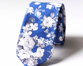 Handmade Blue Floral Cotton Skinny Tie, Wedding Style (2.5")