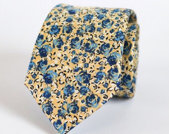 Canary Floral Tie, Silk Tie For Men, Vintage Men's Necktie Canary Floral, Groomsmen Necktie Canary Floral