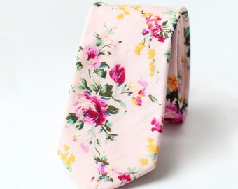 Handmade Cotton Skinny Tie, Pink Floral Wedding Tie