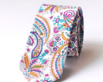 Tie 2.5&quot;,  Wedding Tie, Skinny Tie, White Blue Paisley Tie, Hand Made, Accessory, Gift For Men, Street Style, For Him, Summer Wedding, Man
