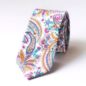 Tie 2.5",  Wedding Tie, Skinny Tie, White Blue Paisley Tie, Hand Made, Accessory, Gift For Men, Street Style, For Him, Summer Wedding, Man