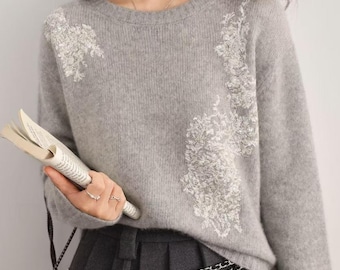 Hand-Embellished Floral Lace Mohair Blend Sweater - Elegant Artisanal Knitwear