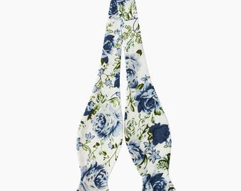 Dusty Blue Floral Adjustable Self-Tie Bow Tie - 2.5" Width, Handcrafted Cotton
