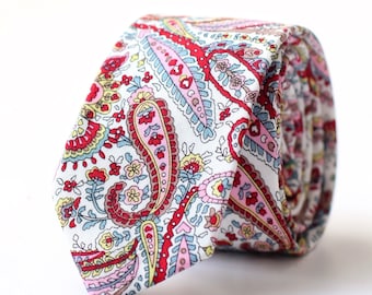 Tie 2.5&quot;,  Wedding Tie, Skinny Tie, Red Blue Paisley Tie, Hand Made, Accessory, Gift For Men, Street Style, For Him, Summer Wedding, Man