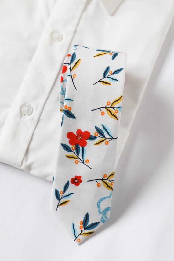 Gravata Masculina De Algodão Com Estampa Floral - Skinny 147cm Para Casamentos