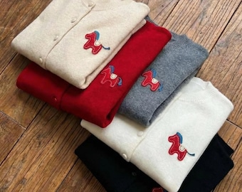 100% Luxury Cashmere Pony Patch Sweater, Hand-Embroidered Horse Cardigan, Premium Soft Wool High Neck Pullover, Cute Designer Winter Knit