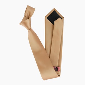 May include: A light brown satin necktie with a pointed tip. The tie is folded in half and the back side is visible.