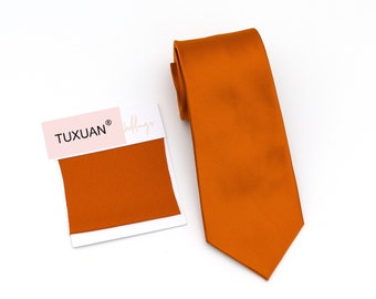 TUXUAN BURNT ORANGE Wedding Tie, Wedding Men’s Ties, Burnt Orange Bow Tie, Burnt Orange Dress Tie, Pocket Square Burnt Orange