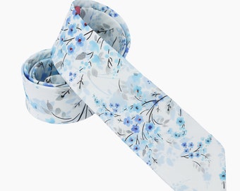 Floral Wedding Necktie: Ice Blue Cotton Men's Tie