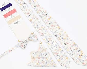 Corbata de boda floral IVORY, corbata de hombre floral de niebla, pajarita de flores de regencia, champán de corbata de padrino, corbata de vestido de marfil, corbata cuadrada de bolsillo marfil