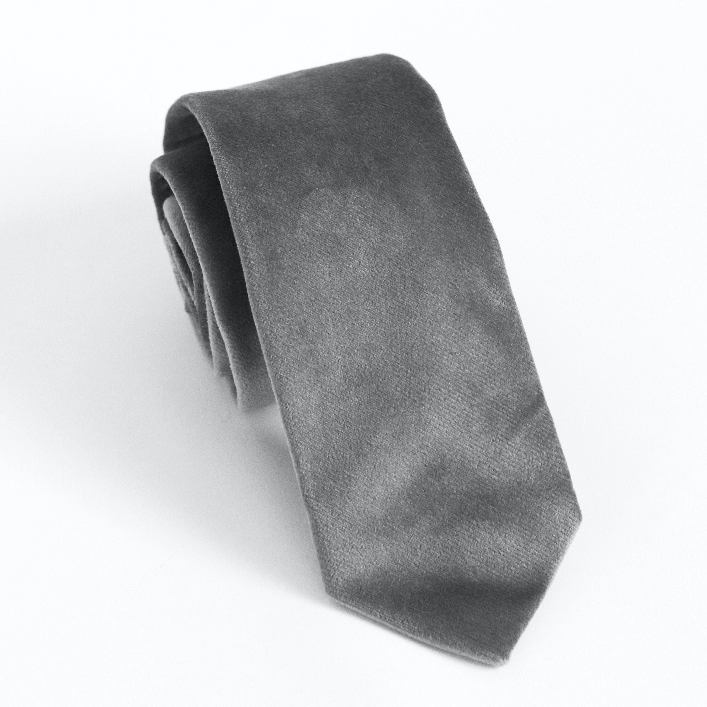 Steel Grey Cotton Velvet Necktie, Handmade Wedding Tie