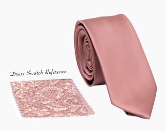 May include: A dusty rose satin necktie with a fabric swatch labeled "Dress Swatch Reference" showing a dusty rose lace fabric.