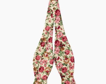 Dusty Rose Floral Adjustable Self-Tie Bow Tie - 2.5" Width, Handmade Cotton