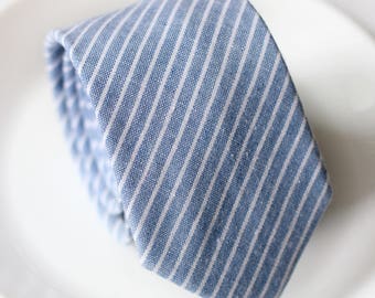 Blue White Stripe Cotton Necktie, Men's Stripe Necktie, Vintage Tie, Groomsmen Tie, Wedding Tie Blue, Fashion Tie Blue, Gift for Dad