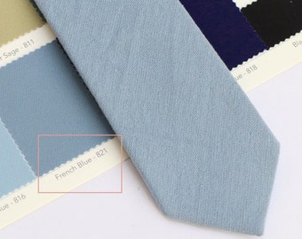 French Blue Cotton Wedding Tie: Vintage Groomsmen Necktie