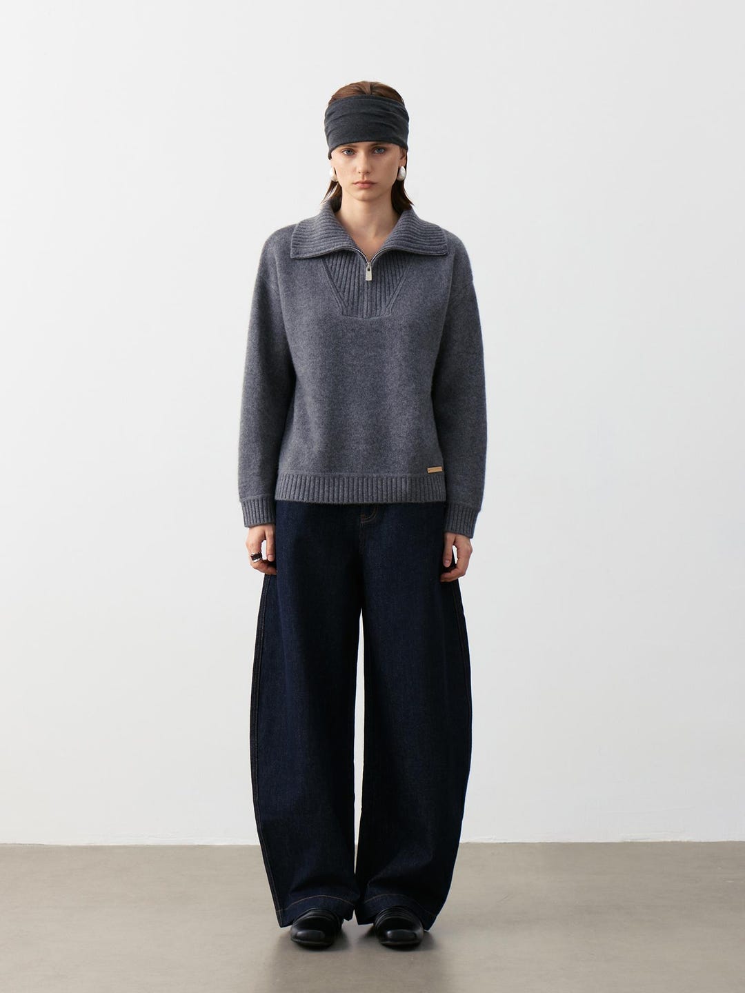Oversized Goat Cashmere Polo Sweater – Rib-knit Half-zip Top