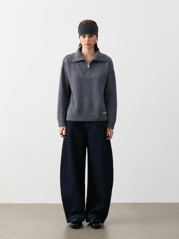 butcher products ニットポロ Oversized Goat Cashmere Polo Sweater – Rib-knit Half-zip Top