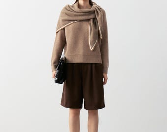 Contrast Trimmed Cashmere Shawl and Headscarf - Versatile Camel and Cream Knit Wrap