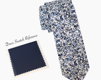 Evening Blue Floral Cotton Necktie: Vintage Wedding Groomsmen Tie