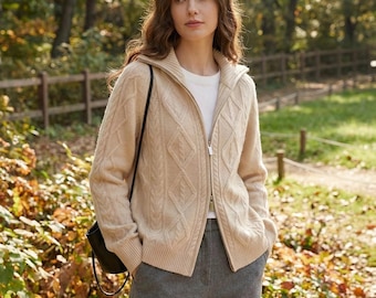 Premium 100% Pure Cashmere Cable Knit Zip Cardigan - Vintage Polo Collar Sweater, Double Zipper Slouchy Knitwear, Luxury Minimalist Jacket