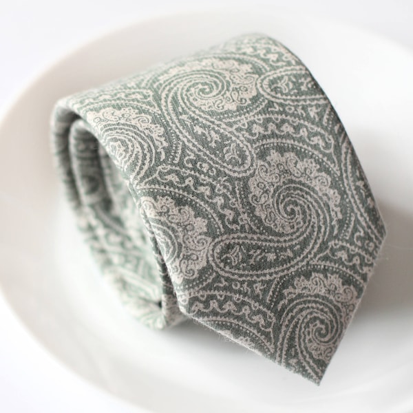 Dusty Sage Ties For Wedding, Wedding Ties, Mens Necktie For Groomsmen, Sage Neck Ties, Paisley Groomsmen Neckties, Customized Necktie
