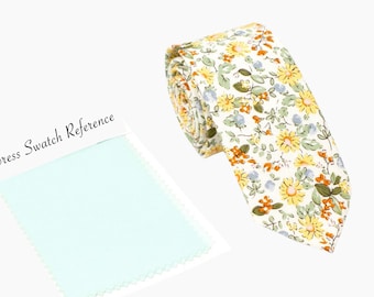 Mint Yellow Floral Skinny Ties For Men, Wedding Ties For Men, Mens Skinny Floral Ties On Wedding Day, Floral Ties Yellow, Ties For Boy