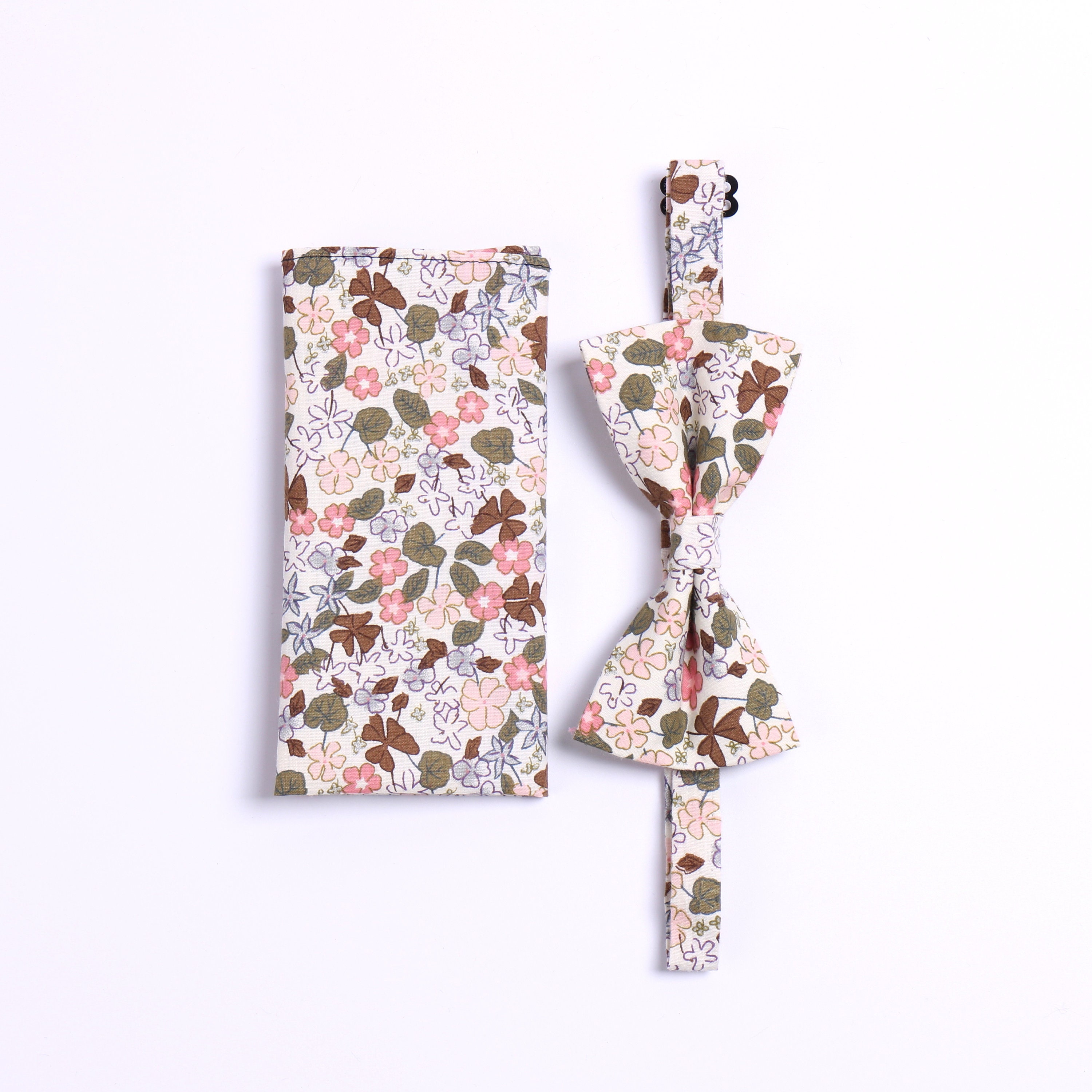 Pink Sage Brown Floral Tie Bow Tie Pocket Square Sets Skinny - Etsy