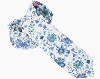 French Blue Floral Cotton Wedding Tie - Handmade